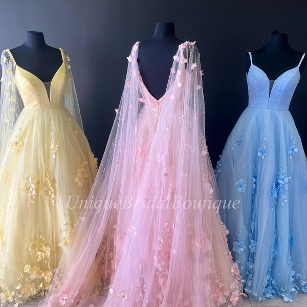 Lady Pageant Dress avec Cape 2k23 A-Line Spaghetti Glitter Tulle Prom Party Robe 3D Floral Formelle Événement Robe Robe De Soiree Met Gala Quinceanera Coing Candy Color NL