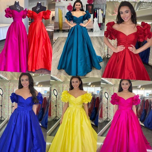 Lady Pageant robes 2022 A-ligne hors épaule cou volants manches robe de soirée de bal taffetas femmes robe de soirée formelle Robe De soirée Met Gala bleu sarcelle rouge Fuchsia