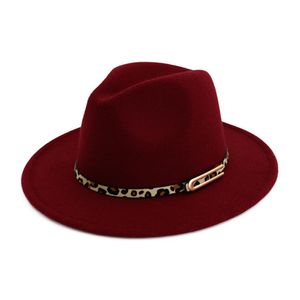 Lady Panama Fedoras Wool Filt Wide Brim Jazz Fedora Hats For Women Trilby Derby Gambler Hat With Leopard Print Leather Buckle2181