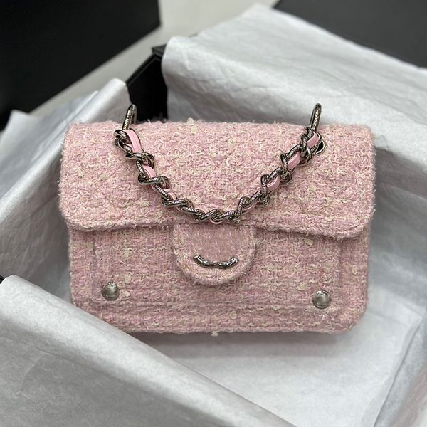 Lady Pink Tweed Diseñador Cuadrado Messenger Flap Bag Hardware de metal plateado Manija de cadena ancha Multi Pochettes 18 cm Vintage Cross Body Hombro Bolso Precioso bolso