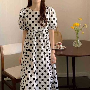 Lady Polka Dots Volants Prom O-Cou Manches courtes Été Femme Haute Qualité Lâche Longue Robe d'été Robes 210525