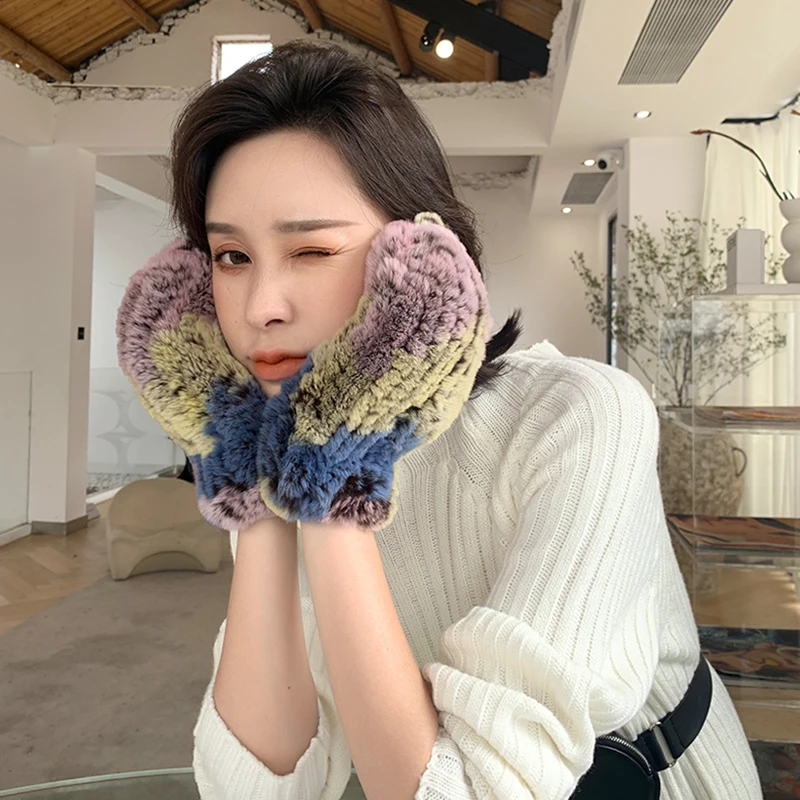 Lady Real Fur Gloves fatti a mano buoni elastici magnificati al 100% in pelliccia di coniglio naturale di rabbita ragazze ragazze inverno caldo morbido pelliccia autentica