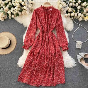 Lady Rétro Fleur Imprimer Robe Automne Femmes Mode Doux Bois Oreille Col Montant Taille Haute Mince Élégant Robes P684 210527