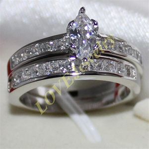 Lady's 925 Silver Filled Marquise-cut Simulé Diamant CZ Side Stone Couple Bague Ensemble Deux Couches Mariage Taille 9 11 Marque Jewe222c