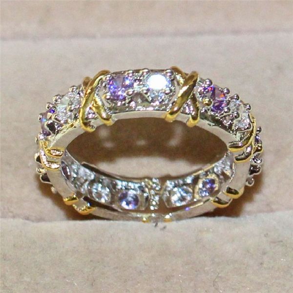 Anillos de pareja de tanzanita púrpura de Plata de Ley 925 para mujer, anillo de boda de banda eterna con Cruz de oro amarillo para mujer, tamaño de joyería 5-10