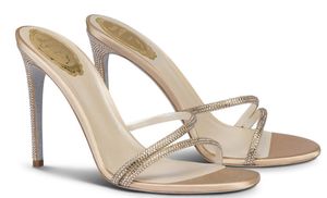 Lady Sandaalontwerper Elegantie Rene Irina Sandalen schoenen Women Crystal Strap Mule Lady Slip op hoge hakken Sexy slippers EU35-43 met doos