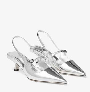 Damessandaal halfhoge hakken spiegelleer Didi 45 mm zilverzwart vloeibaar metaal leer puntige pumps riem slingback sandalen luxe designer met doos 35-42