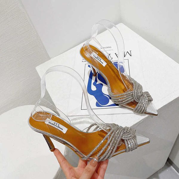 Sandalias de mujer transparentes Baotou con diamantes de imitación en punta tacones altos 2023 verano nuevo Super romano espalda hueco corte superficial zapato de mujer 230615