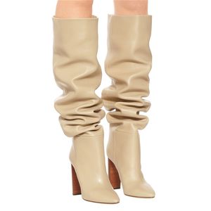 dame schapenvacht lederen vierkante dikke hoge hakken ridder laarzen geplooid vrouwen dij-hoge booties plundertoets lange knie partij bruiloft schoenen big siz 34-48