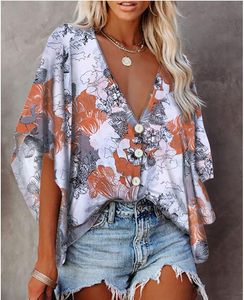 Dame shirt lente zomer europese amerikaanse mode vrijetijd polyester halve vleermuis mouw straat vrouwen chiffon vest v-hals stropdas kleurstof afdrukken verven kleding