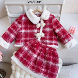 Lady style filles vêtements en laine à carreaux ensembles de noël enfants boucle de revers en peluche à manches longues jupe d'extérieur 2 pièces enfants d'hiver épaissir les tenues de princesse Z5695