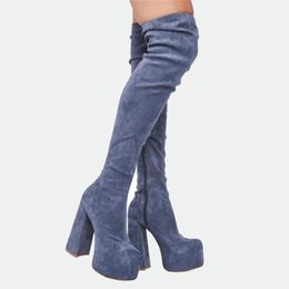 Lady suede lederen schapenvacht 2021 Knight Boots Square 14,5 cm dikke med hielen massief rits platform dijhoge laars rond tenen lange knie bruidschoenen big 97564