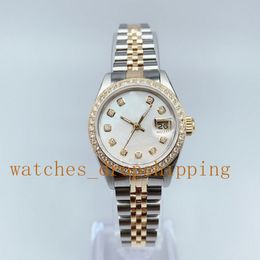 Lady Watch Super Quality Diamond Bisel 28 mm Acero inoxidable 18k Gold Two-tone Automatic Mechanica Sapphire Automático Relojes de pulsera para mujer