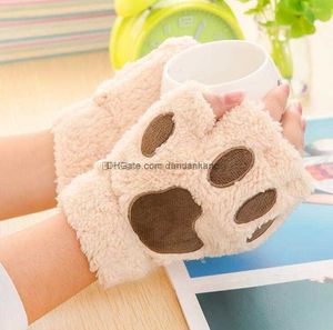 Lady Winter Fingerless Gloves Mittens Fluffy Bear Cat Plush Paw Claw Half Finger Glove Soft Half Covered Women Female sports working Gloves