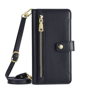 Étui de téléphone à sac à billet à glissière Case de téléphone en cuir avec longe pour iPhone 15 14 13 12 11 Pro Max Lyp100