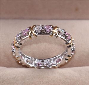 Lady039S 925 Sterling Silver Pink Tanzanite Pareja Anillos de oro amarillo Anillo de boda Eternal Band para mujeres Joyas Tamaño 516028910