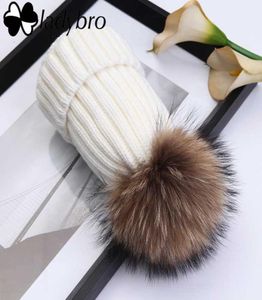 Ladybro Winter Warme Hoeden Vrouwen Echt Bont Pompom Skullies Mutsen Gebreide Fluwelen Muts Cap Sneeuw Hoeden Dikke Vrouwelijke Cap motorkap Femme7500152