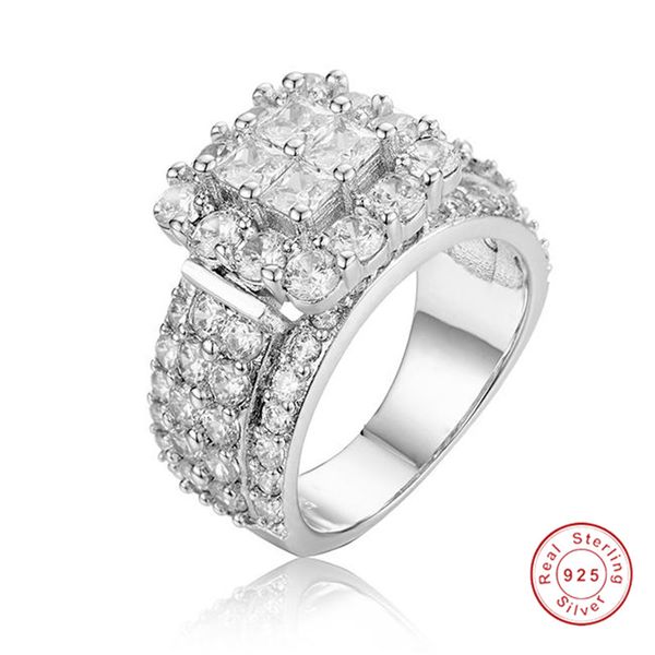 Ladys 925 Bague en argent sterling Pavé de luxe 4pcs Bijoux de mariage en diamant SONA taille princesse pour femmes Cadeau de fille en platine simulé