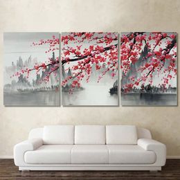 Laeacco 3 panneaux Style chinois toile peinture moderne décoration de la maison abstrait paysage affiches et impressions prune mur Art photo Y279W