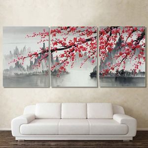 Laeacco 3 panneaux Style chinois toile peinture moderne décoration de la maison abstrait paysage affiches et impressions prune mur Art photo Y228J