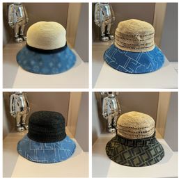 Lafite Grass Braid Hat For Big Kids Designer Beach Hats Summer Straw Splicing Gedrukte denim brede rand Hoed Tieners Vakantie Sunhats Z8001