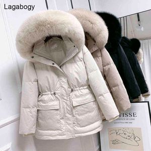 Lagabogy Large Real Raccoon Fur Hooded Korte Vrouwelijke Winter Feather Down Jas Vrouwen 90% Duck Down Jacket Puffer Fluffy Parka 211130