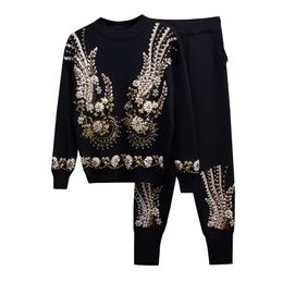 LAI2024 Autumn New Women's Wear Station European Station Sequin Boaded Sweater de tejido de punto de manga larga Pantalones largos Casual Dos piezas Set