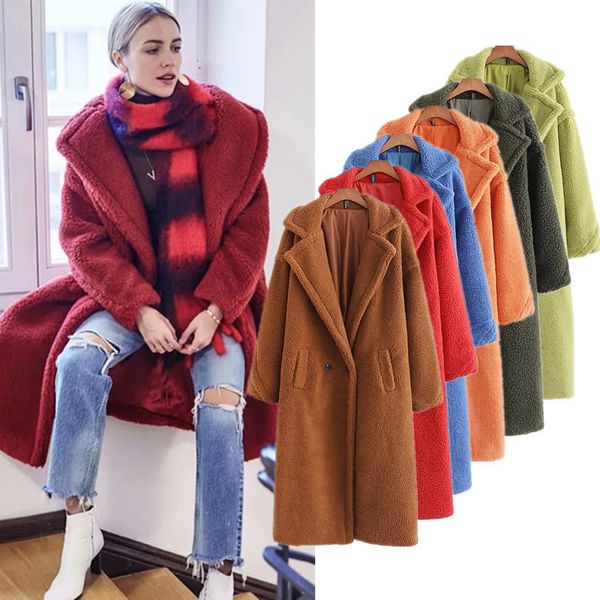 Manteau Long surdimensionné en laine de chameau pour femme, veste floue en fausse fourrure, manteau Shaggy marron, mode hiver