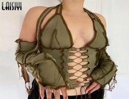 Laisiyi Backless Halter Ribbed Tie devant Top Femmes Long Manche Long Hollow Out Lace Up T-Shirts Patchwork Sexy Bodycon Crop Top4859093