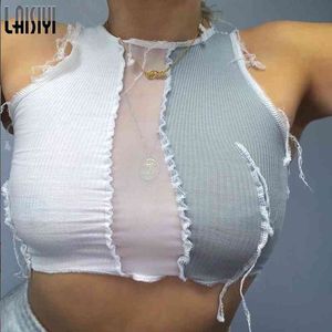 LAISIYI SleevelSee-through Sexy Crop Top Femmes Mesh Patchwork Design Débardeurs Punk Style Street Casual Wear Wild Vest 2020 X0507