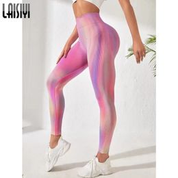Laisiyi Femmes Sport Leggings sans couture Pantalons hauts élastiques Rainbow Tie Coll Dye Gym Running Push Pant Up Pants Booty Leggins 240424
