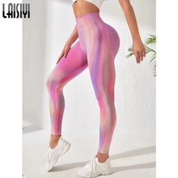 LAISIYI femmes Sport Leggings sans couture élastique taille haute pantalon arc-en-ciel cravate colorant collants Gym course Push Up Booty Leggins 231229