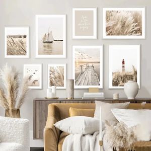 Lake Beach Landschap Foto Canvas Schilderij Wall Art Bohemen Beige Gras Bloem Riet Poster en Print Thuis Woonkamer Decor L01