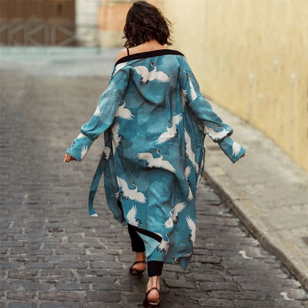 Lake Blue Style chinois Split Long Kimono Cardigan Coton Tunique Femmes Plus Taille Vêtements de plage Tops Blouse LJ200811