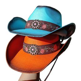 Chapeau de Cowboy bleu lac, paille à bord bouclé, pare-soleil épais d'été pour hommes et femmes, plage 240326