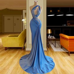 Lac bleu dentelle tache robes de bal une épaule Appliques dentelle paillettes plis femmes arabe formelle sirène soirée occasion robe