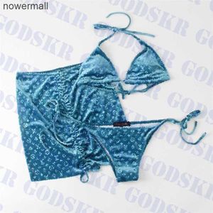 Lake Blue Swimsuit Velvet Bikini driedelige Jacquard Letter Swimwear For Women Holiday Ladies Swim Dress Multolor