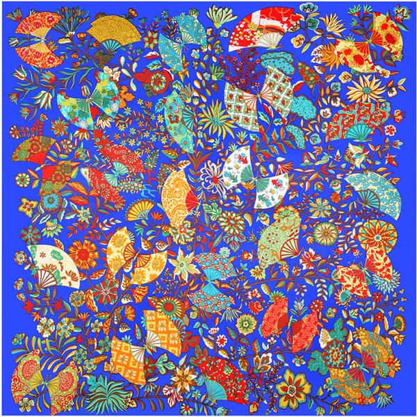 Foulard en soie sergé bleu lac pour femmes, grand Foulard carré imprimé en éventail Floral, Hijab de plage, 130x130cm