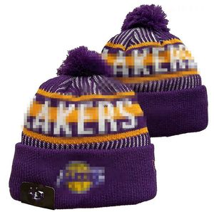 Lakers Beanies Los Angeles Beanie Cap Wool Warm Sport Geknipt hoed Basketbal Noord -Amerikaans team Striped Sideline USA College Cuffed Pom Hats Men Women A0