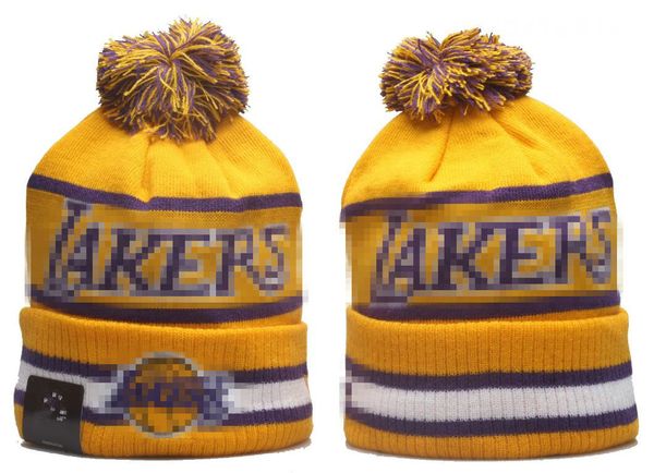 LAKERS Gorros Los Ángeles Gorros con pompones Gorras de béisbol y hockey 2023-24 Diseñador de moda Sombrero de cubo Gorro de punto grueso con pompón sintético Gorro de Navidad Gorros de punto deportivos a2