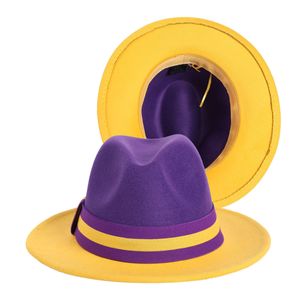 Lakers Kleur Matching Jazz Fedora Hoeden Riding Party Gentleman Hat Wide Brim Elegante Two-Colors Church Performance Cap