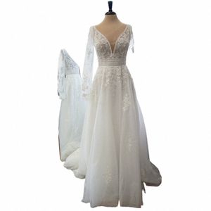 Lakshmigown Boho dentelle Lg manches robe de mariée de mariée avec col en V Appliques mariage Dr pour les femmes vestido de fiesta de boda t59C #