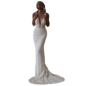 Lakshmigown Luxe Kralen Mermaid Trouwjurk Kelderen V-hals Sexy Bridal Receptie Diner Partij Jassen Backless Gewaad