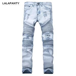 Lalapanty vêtements Jean bleu/noir détruit hommes Slim Denim droit motard Jean maigre hommes déchiré Jean pantalon