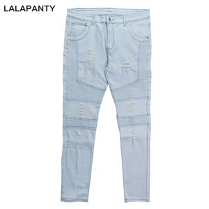 Lalapanty Vêtements Jeans Slp bleu / noir Detructured Mens Slim Denim Biker Skinny Jean Men Ripped Pants Tw77