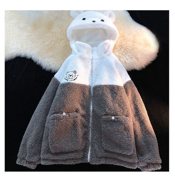 Sweat à capuche en laine d'agneau femme surdimensionné Kawaii Bear Ears Jacket femme japonais épais pull chaud femme Sweatshirts Loose Long Sleeve Youth girl coat