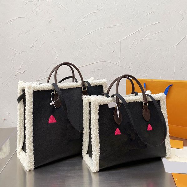 Bolso de mano de pelo de cordero, bolso de mujer, bolso de gran capacidad, bolsos de cubo, letras de moda, bolso de compras, estampado de estrellas, bolsillo interior con cremallera, bolsa con asa de cuero real