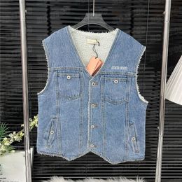 Lamswollen denim vestjas uitloper voor dames Ontwerp geborduurd letterjack Korte stijl tankjassen