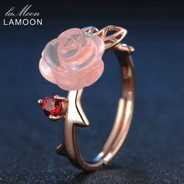 LAMOON Rose Fleur 9mm 100% Naturel Rose Rose Quartz Anneau Réglable 925 Bijoux En Argent Sterling pour Femmes Mariage LMRI025 Y1892606185y