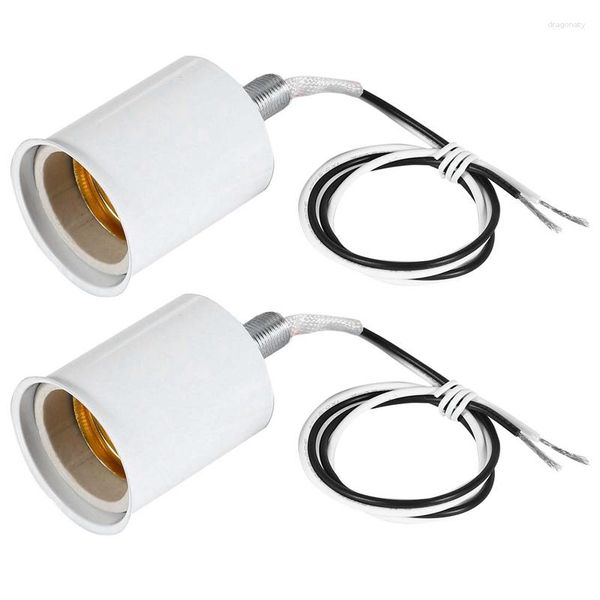 Portalámparas 2X E27 Base de tornillo de cerámica Adaptador de portalámparas de bombilla LED redondo Metal con cable blanco